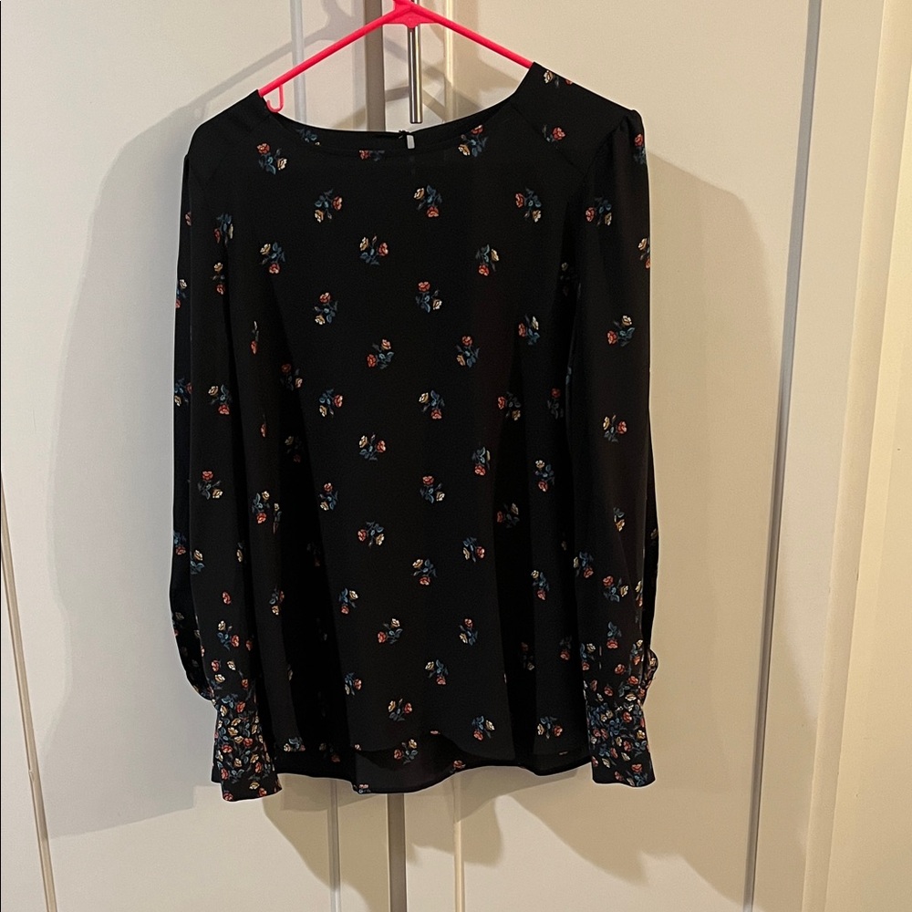 LOFT Black Blouse with Floral Accents